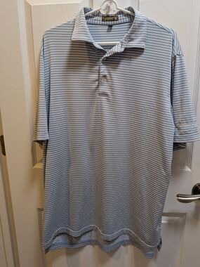 Peter Millar Summer Comfort Golf Light Blue and White Striped Polo Size L‎